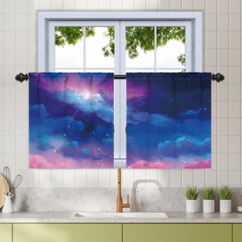 Renaiss 26 x 36 Inch Universe Galaxy Small Window Tier Curtains Outer Space Blue Pink Nebula Short Curtains for Bathroom Living Room Starry Sky Linen Small Window Drapes Rod Pocket Back Tab 2 Panels