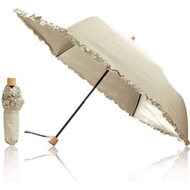 Ombrage Parasol, Foldable, Fully Blackout, UV Protection, 100% UV Protection, 19.7 inches (50 cm), Ruffle/Off White, For Both Sunny and Rainy Weather, UPF 50+, Heat Shielding Treatment, Glass Fiber,