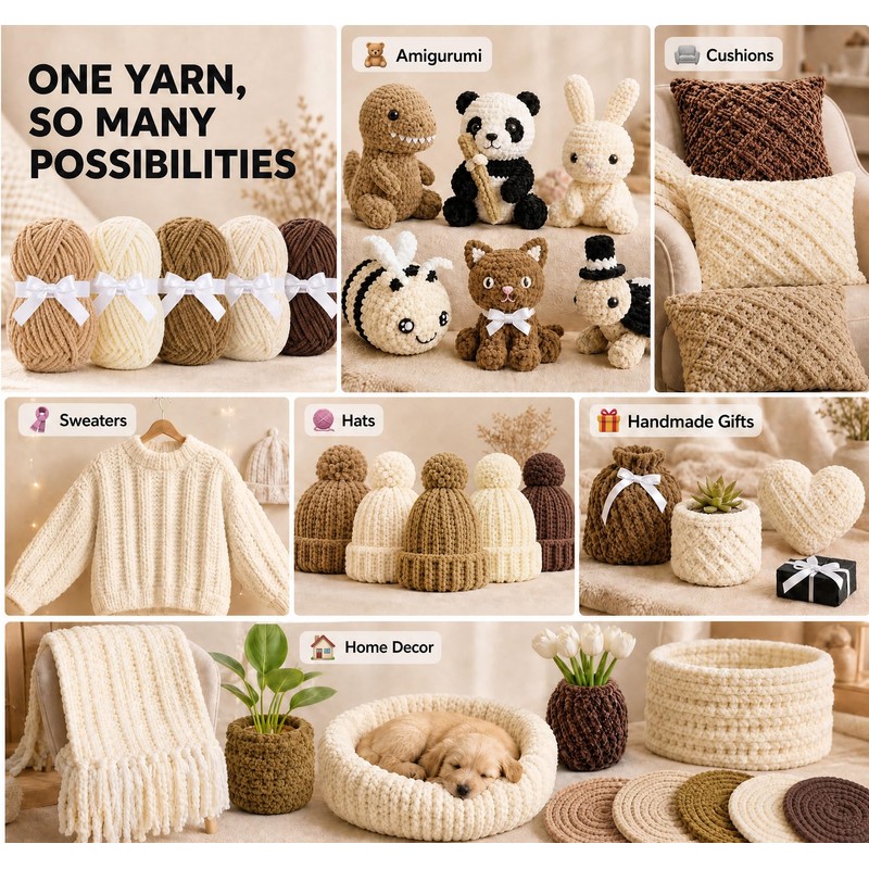 ilauke 5x100g Chenille Yarn Chunky, Crochet Yarn for Amigurumi, Brown