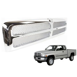Front Grille Assembly Compatible With Dodge Ram 1500 Grill 1994-2002 / Ram 2500 3500 1994-2001 With Chrome Frame Shell With Chrome Honeycomb Mesh Insert (Except Sport Package)
