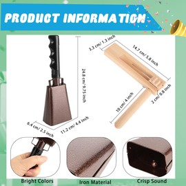 6 Pcs 9 Inch Cowbell Noise Makers Set 4 Wooden Spinning Rattle Ratchet Mexican Matraca 2 Steel Cowbell with Handle for Sporting Events Football Game Musical Percussion Instrument (Color Style 1)