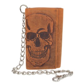 Biker Skull Chain Wallet RFID Signal Blocking Men's Vintage Leather Long Tri-fold Chain Checkbook Card ID Wallet (Skull Tan)