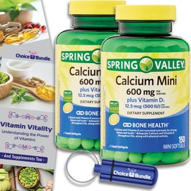 Spring Valley Calcium 600 mg Plus Vitamin D3 12.5 mcg 150 Ct Mini Softgels 2 Pk (300 Total) + Vitamin Guide & Pill Container (4 Items)!