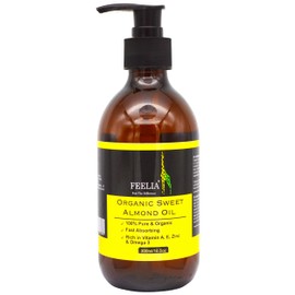 Feelia - Organic Sweet Almond Oil - Cold Pressed, Rich in Vitamins A, E, Zinc & Omega 3, Fast Absorbing, 100% Pure & Organic (300ml)