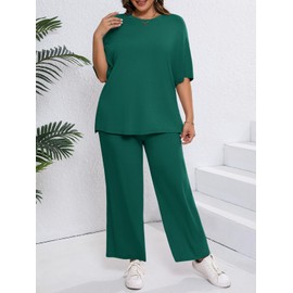 Beautife Womens Plus Size Lounge Sets Short Sleeve Tops Wide Leg Pants 2 Piece Outfits Tracksuit with Pockets Blackish Green