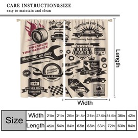 Vintage Car Curtains, 1950s License Plate Garage Badge Repair Tools Racing Flag Noise Reduction Insulation Curtains for Boys Bedroom Kitchen 42" W X 45" L
