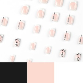 Medium Short Square Press on Nails Fake Nails Simple with Nude White Flower Design False Nails French Tip Stick on Nails Full Cover Thick Glossy Acrylic Glue on Nails for Women 24Pcs JP2580