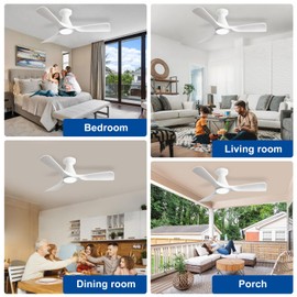 Depuley 42-Inch Ceiling Fans with Lights: White 3 Blade Flush Mount Low Profile Ceiling Fan for Bedroom - Dimmable Indoor Outdoor Fan with Remote APP Control Ultra Quiet DC Motor Timer