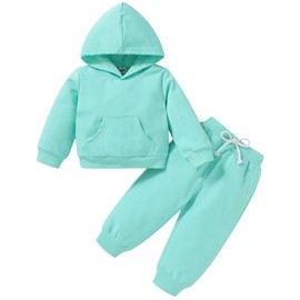 Happy Town Baby Fall Outfits for Girl Boy Long Sleeve Hoodie Top and Long Sweatpants Set Toddler Sweatsuit (Solid Color-Cyan, 18-24 Months)