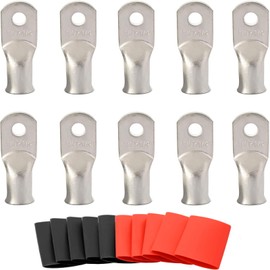 0 Gauge Tinned Copper Lugs 10 PCS 1/0 AWG - 1/4'' Cable Lugs UL Listed Terminals 1/0 Gauge Wire Lugs Battery Cable Ends Heavy Duty Closed End Crimp Copper Lugs with 10 PCS 3:1 Heat Shrink Tube