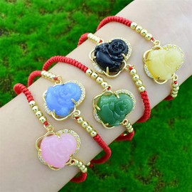 COLORFUL BLING Lucky Laughing Buddha Charm Pendant Charm Bracelet Jade Natural Stone Red Braid String Thread Rope Crystal CZ Zirconia for Women Men Gemstone Amulet Protection Jewelry-Black