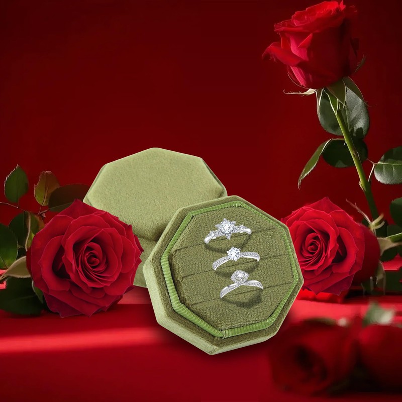 U·helper Velvet Ring Box, 3 Slots Octagonal Jewelry Ring Gift