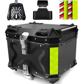 VOKKA Motorcycle Top Case, 45L Aluminum Alloy Motorcycle Trunk, Waterproof, Dustproof and Anti-Theft, Easy Installation with Universal Baseplate, with Comfortable Backrest for Travel Riding, Black