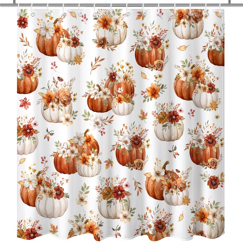 Lindameler Fall Shower Curtain for Bathroom Autumn Farmhouse Floral Pumpkin