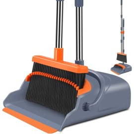 kelamayi Upgrade Broom and Dustpan Set, Self-Cleaning with Dustpan Teeth, Indoor