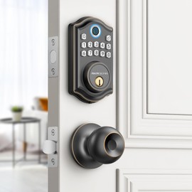 AkaGear DS10 Keyless Entry Door Lock, Fingerprint, Exterior Door Knob Handle, 2 Keys, Electronic Keypad, One-time Code, Smart Locks for Front Door, Bedroom, Auto-Lock, Easy Installation