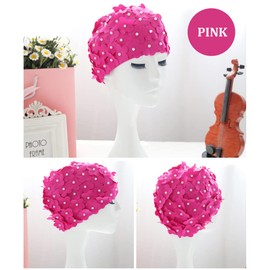 Women Retro Swim Cap, Floral Petal Bathing Cap Long Short Hair Elastic Swimming Turban with Flowers & Pearls(Pink)