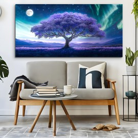 crmotu Tree of Life Large Wall Art for Living Room, Purple Tree Art Prints, Aurora Landscape Canvas Painting, Surreal Art Wall Pictures for Bedroom Bathroom, Modern Office Decor Artwork 30X60in