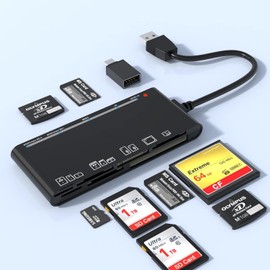 7-in-1 Multi USB 3.0 Card Reader with USB-C Adapter Compatible with SD, MICRO SD, TF, COMPACT FLASH, TF, XD, MS, 5Gbps High-Speed Memory Card Reader for Windows XP/Vista/Mac OS/Linux,etc.