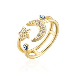 Cz Star Moon Blue Evil Eye Wrap Open Rings 18k Gold Plated Cubic Zirconia Good Luck Statement Adjustable Stacking Finger Ring for Women Protection Talisman Amulet Lucky Jewelry Fashion Gifts for Mom