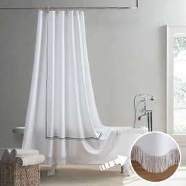 MVSUTA Morgon - Cortina de ducha de tela impermeable con bordado negro, borla blanca, cortinas de ducha de poliéster para baño, 72 pulgadas de ancho x 72 pulgadas de largo
