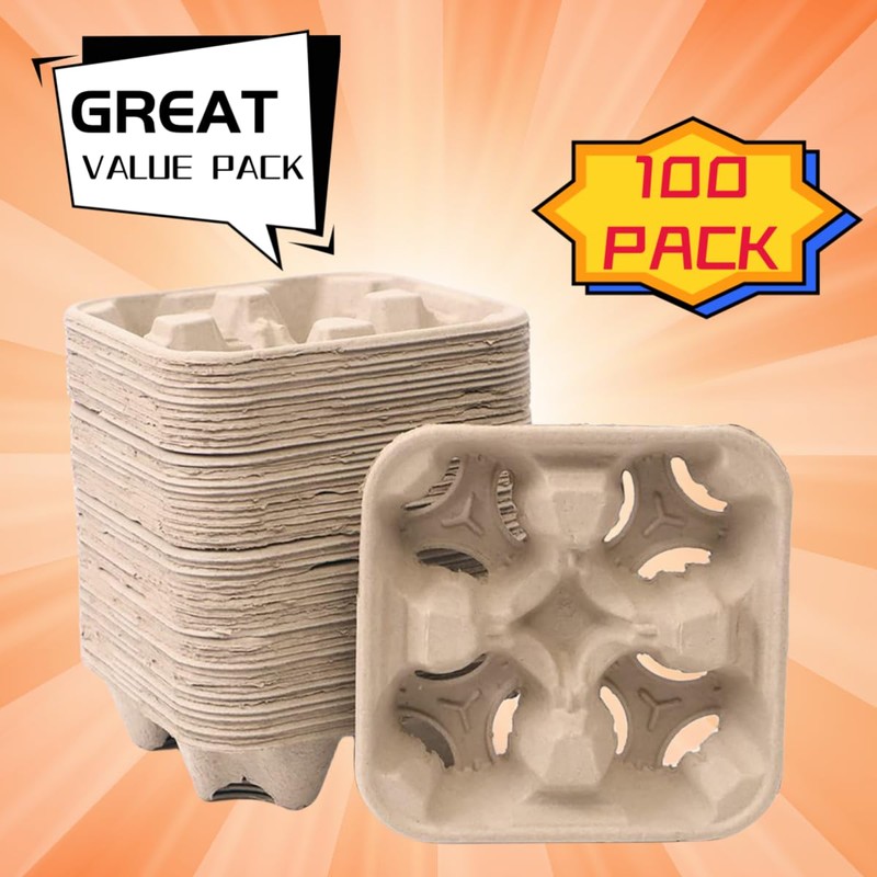 UBozeuiv Disposable Compostable Drink Carriers, 100 Pack | Paper Pulp