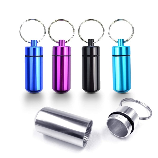 5 Pack - Aluminum Keychain Medication Pill Box. Waterproof Portable Mini Travel Pill Boxes Medicine Vitamin Holder case. Bottle Container, Organizer, Dispenser, Reminder Weekly 7 Day, Daily, am pm