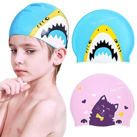 Cartoon Kinder Badekappen,2 Stück Badehaube aus Silikon Schwimmkappe Katze & Shark Badekappe, Wasserdicht Silikon Elastische Mädchen Schwimmmütze für Kinder Jungs Mädchenk mit Langen Haaren Rosa,Blau