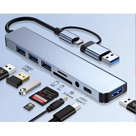 De Usb Hub 8 En 1 Azul Claro, 4 Puertos Usb-c/usb, Lector Y