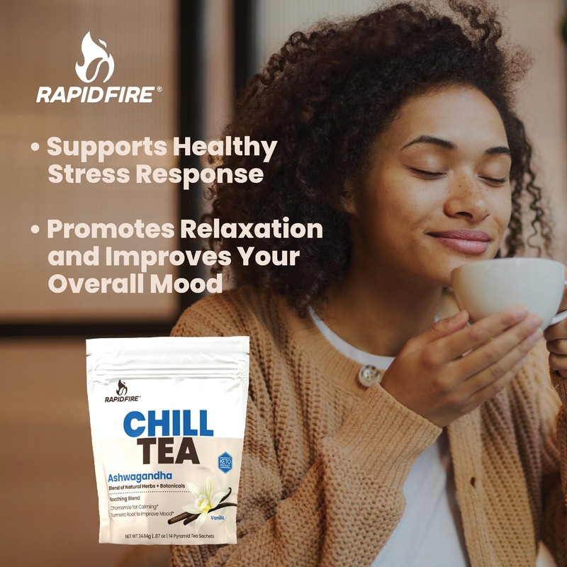 Chill Tea, Soothing Blend, Promotes Relaxation, with Ashwagandha, Chamomile, Turmeric,