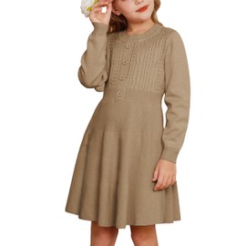 GRACE KARIN Long Sleeve Dress for Girls Casual Knit Brown Long Sleeve Fall Dress Size 8-10