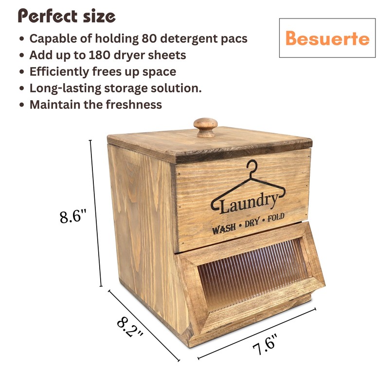 Besuerte Laundry Pod Holder - 2 Tiered Rustic Wooden Dispenser,