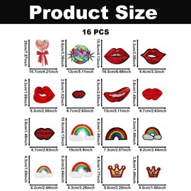 16PCS Red Lips Sequin Iron on Patches, Red Lips Rainbow Lollipop & Crown Embroidered Applique Patch, Sparkling Embroidery Patches for Clothes Backpack Jean Jacket Hat Bag DIY Sewing Craft Decoration