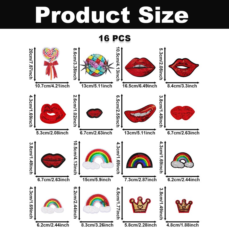 16PCS Red Lips Sequin Iron on Patches, Red Lips Rainbow