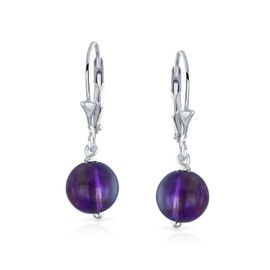 Simple Plain Round Bead Purple Amethyst Lever back Ball Drop Earrings For Women .925 Sterling Silver February Birthstone