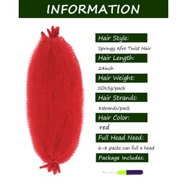 3 Packs Springy Afro Twist Hair with Crochet Hook, 24 Inch Pre-Separated Marley Crochet Braiding Hair for Distressed Soft Locs, Synthetic Hair Extension for Women(red)