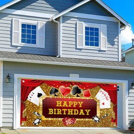 7X8ft Las Vegas Casino Birthday Banner Gold Glitter Red Curtain Dice Winner Poker Cards Happy Birthday Casino Night Theme Party Background Banner Garage Door Decoration Background Cover