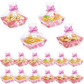 12 Set Happy Mother's Day Baskets for Gifts Empty with Cellophane Basket Bags Pink Rose Pull Bows Gift Tags Happy Mother's Day Market Tray Cardboard Basket to Fill for Mother's Day Birthday Party