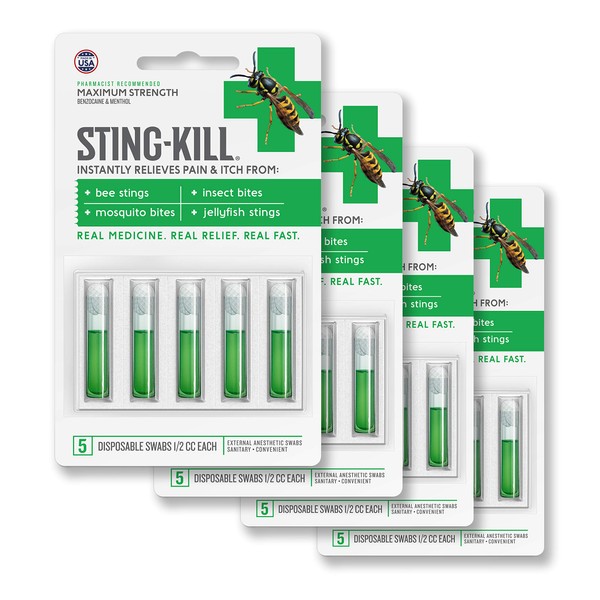 Sting-Kill First Aid Anesthetic Swabs, Instant Pain + Itch Relief From Bee Stings and Bug Bites, 5-count (pack of 4)