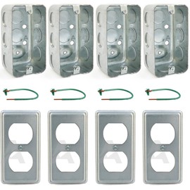 Pack of 4 Boxes and Covers: 4x2 Inch Utility Electrical Box, Outlet Box, Duplex Receptacle Cover, Drawn Construction, Ten 1/2 Inch Knockouts, Raised Ground, 1-7/8" Deep, 13 Cu. In. Capacity, Galvanized Steel