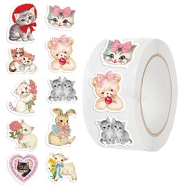 500PCS Meme Animal Cat Stickers Roll 10 Styles Funny Stickers Cute Animal Cats Decals Vinyl Waterproof Sticker Cute Sticker Pack (Cat)