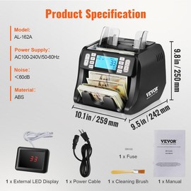 VEVOR Money Counter Machine, Bill Counter with UV, MG, IR and DD Counterfeit Detection, USD & EUR Cash Counting Machine with Large LCD & External Display for Small Business:_Top-loading Type