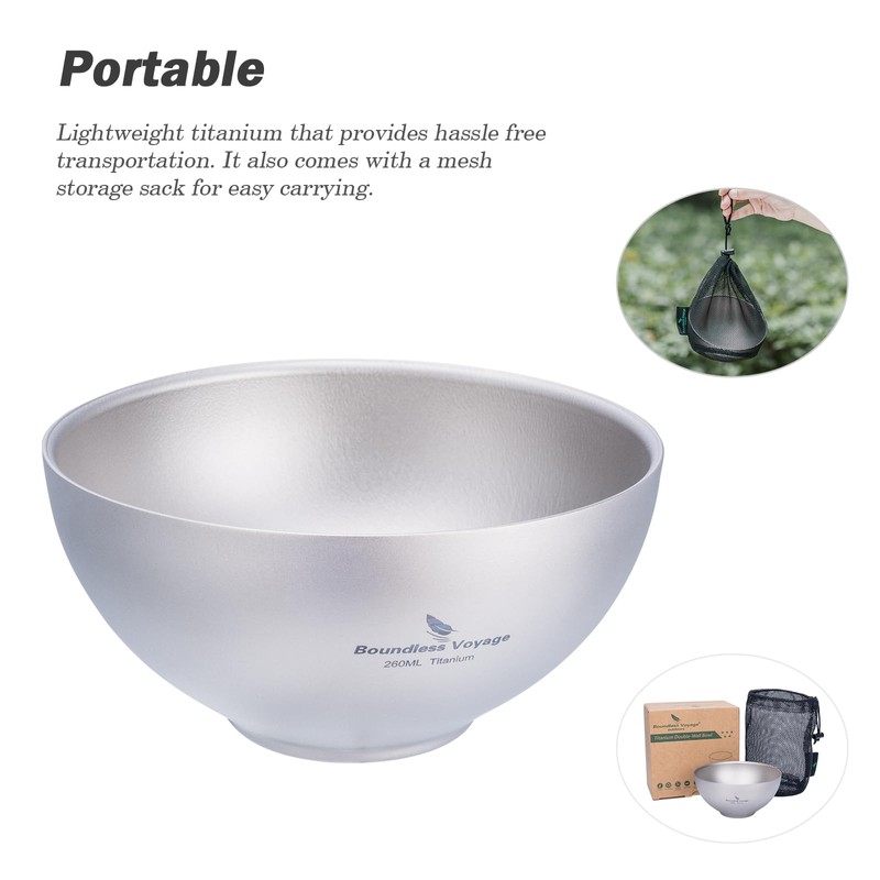 Boundless Voyage Outdoor Titanium Double-Wall Bowl Camping Hiking Picnic Home