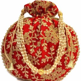 Radhykrishnafashions Indian Women 1 PC Wedding Potli Bag For Women Ethnic Designer Embroidery Work Batwa Pearls Handle With Intricate (Mahroon)