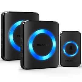 TECKNET Wireless Doorbell, Wireless Doorbell Set, 400 m Range, IP65 Outdoor Waterproof Front Door Bell with 2 Plug-In Receivers and 1 Transmitter, Ring Doorbell and Bell Button with LED Flash