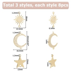 Hobbspring 24 Stück Messing Anhänger Verbindungsstück 14 Karat Vergoldet Mond Sonne Stern Verbindungsstück Charms Stern Mond Sonne Charms Mit 2 Löchern Für Schmuck Armbänder Halsketten DIY Handwerk
