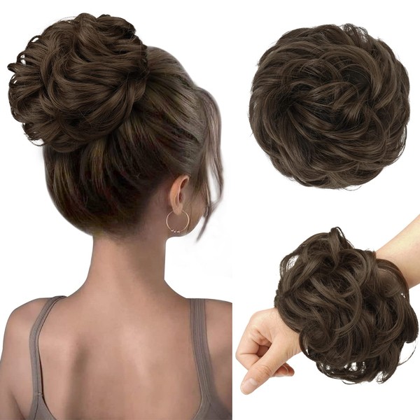 FESHFEN Messy Bun Hair Piece Hair Scrunchies Thick Curly Wavy Hair Piece Synthetic Donut Updo Hairpieces for Women Girls, Medium Ash Brown