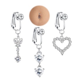 JeryWe 3 PCS Fake Belly Ring For Women Fake Belly Piercing Dangle Clip On Belly Button Rings CZ Snake Butterfly Faux Belly Button Piercing Stainless Steel Fake Navel Rings Non Pierced