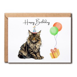 ABSMDesigns Maine Coon Cat Birthday Card - Birthday Balloons Card - Maine Coon Card - Maine Coon Birthday Card - Hilarious Maine Coon Card