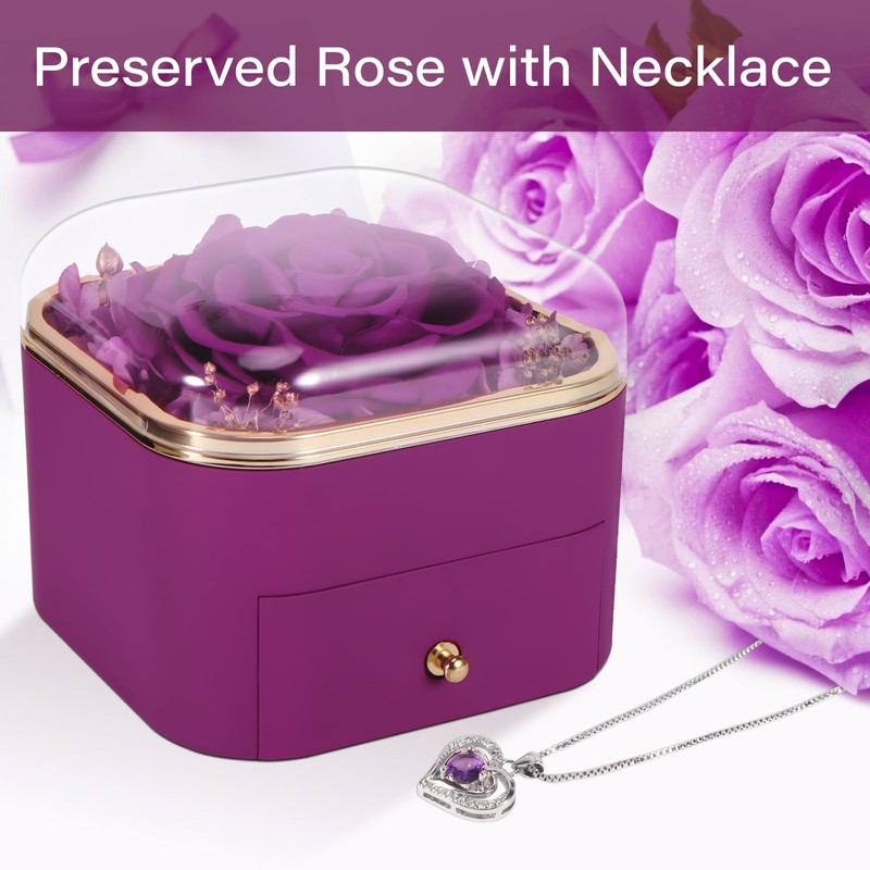 Preserved Real Purple Roses Gift Jewerlry Box, Real Eternal Rose